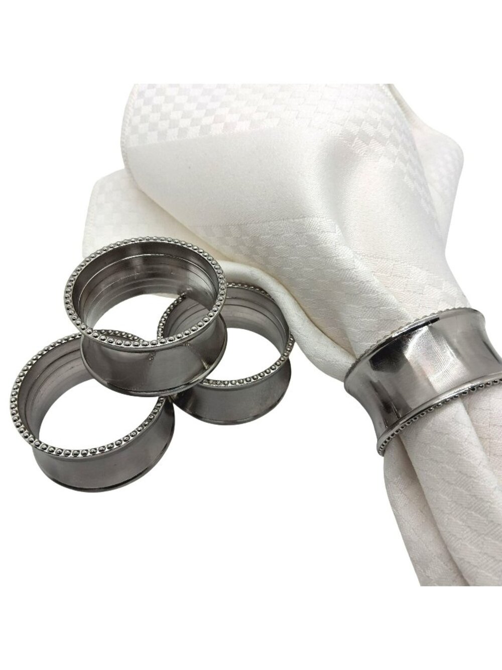 Set Of 4 Vintage Silver-Toned Beaded Edge Napkin Rings For Elegant Dining